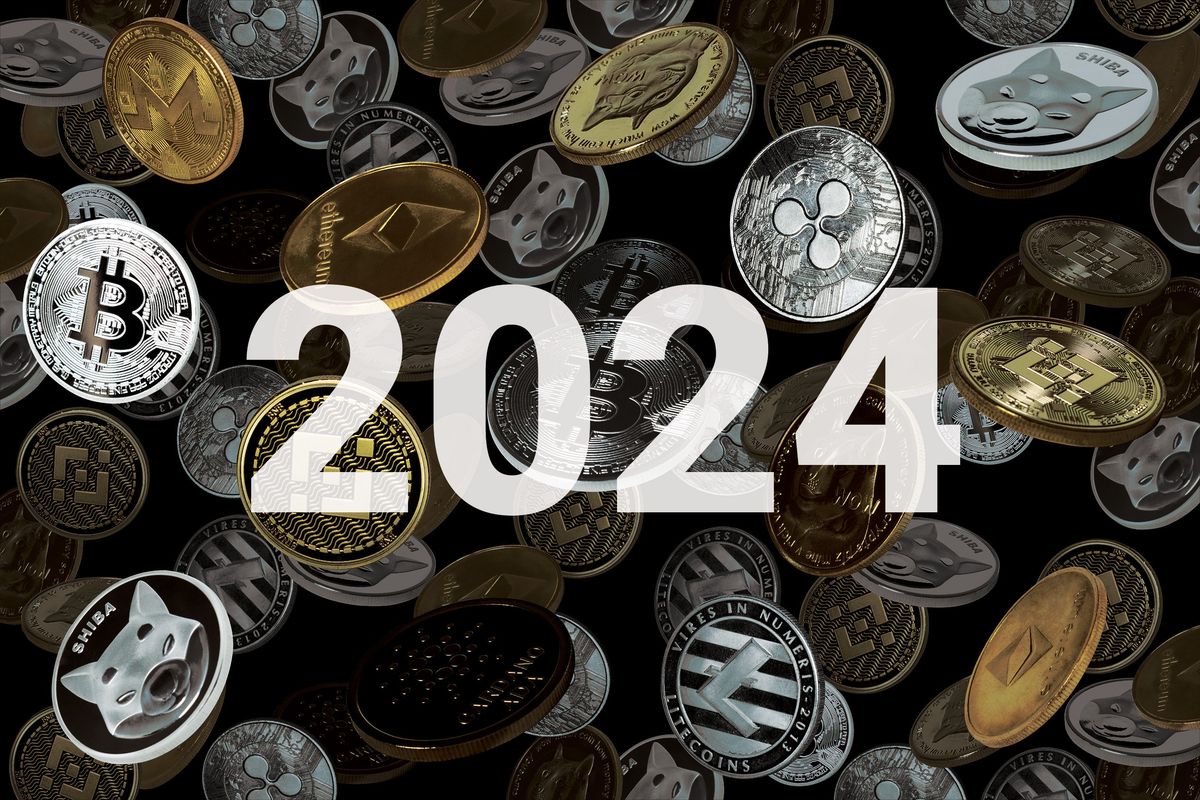 "2024" overlayed on different types of cryptocurrencies.
