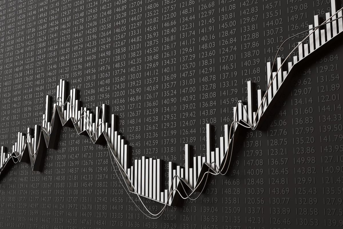 3D bar chart with fluctuating white bars on a numerical background.