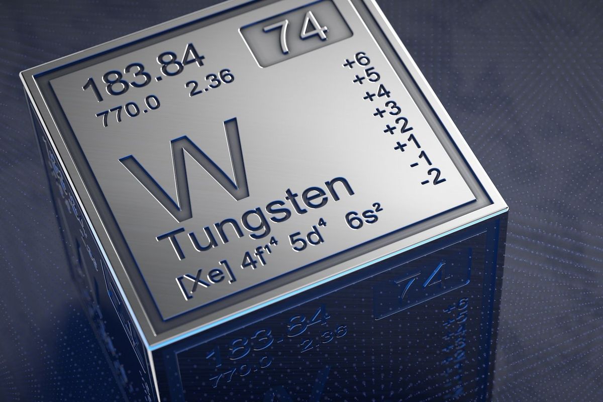 3D metallic tungsten cube with element details, atomic number 74.