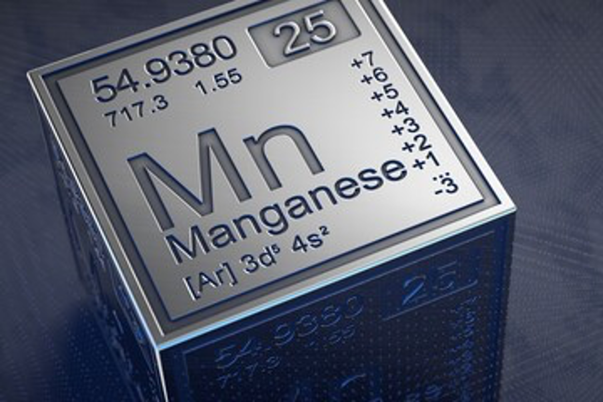 3D periodic table block for Manganese (Mn), with atomic number 25 and details.