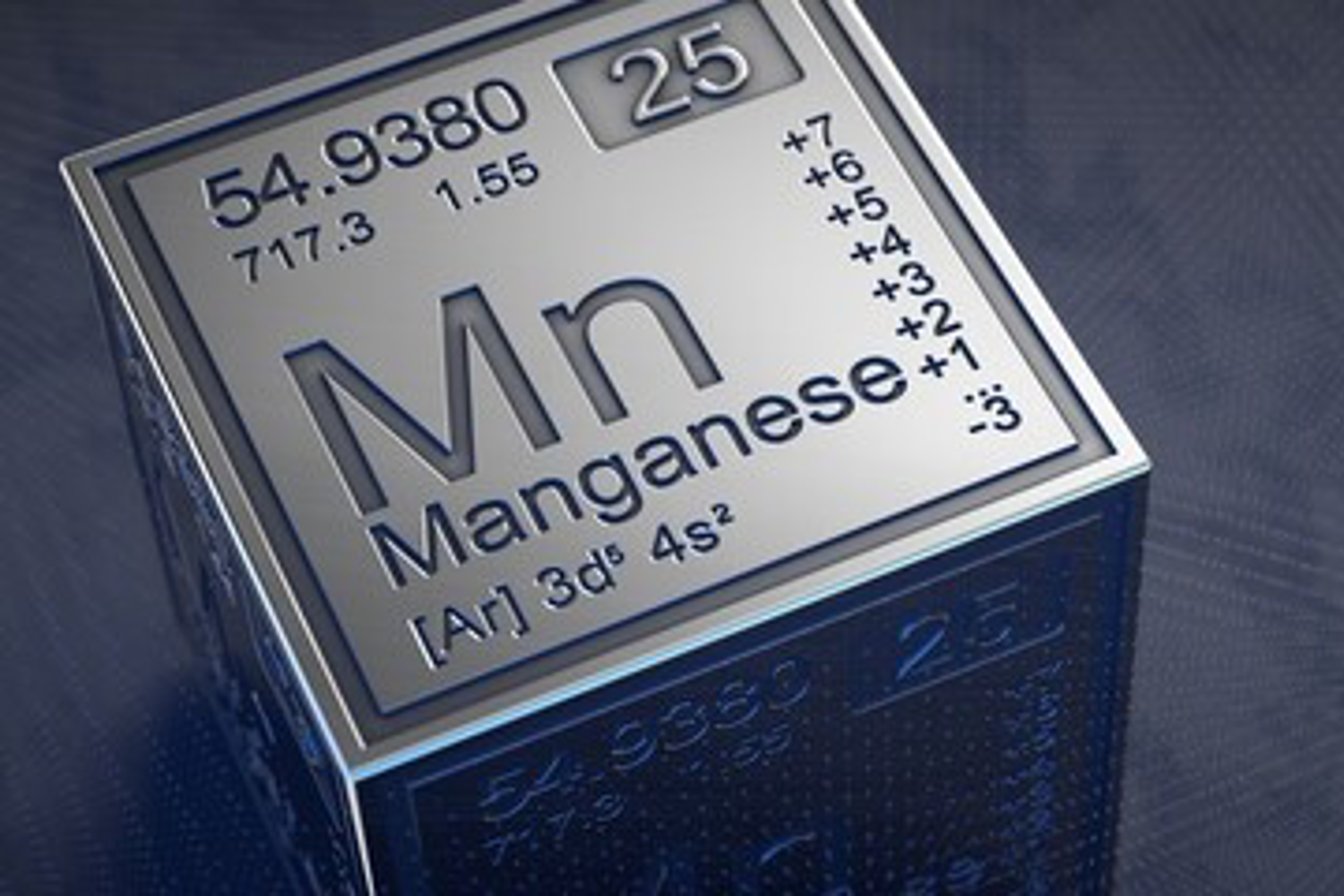 3D periodic table block for Manganese (Mn), with atomic number 25 and details.