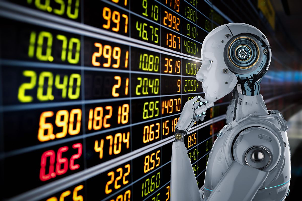 3d rendering humanoid robot analyze stock market.