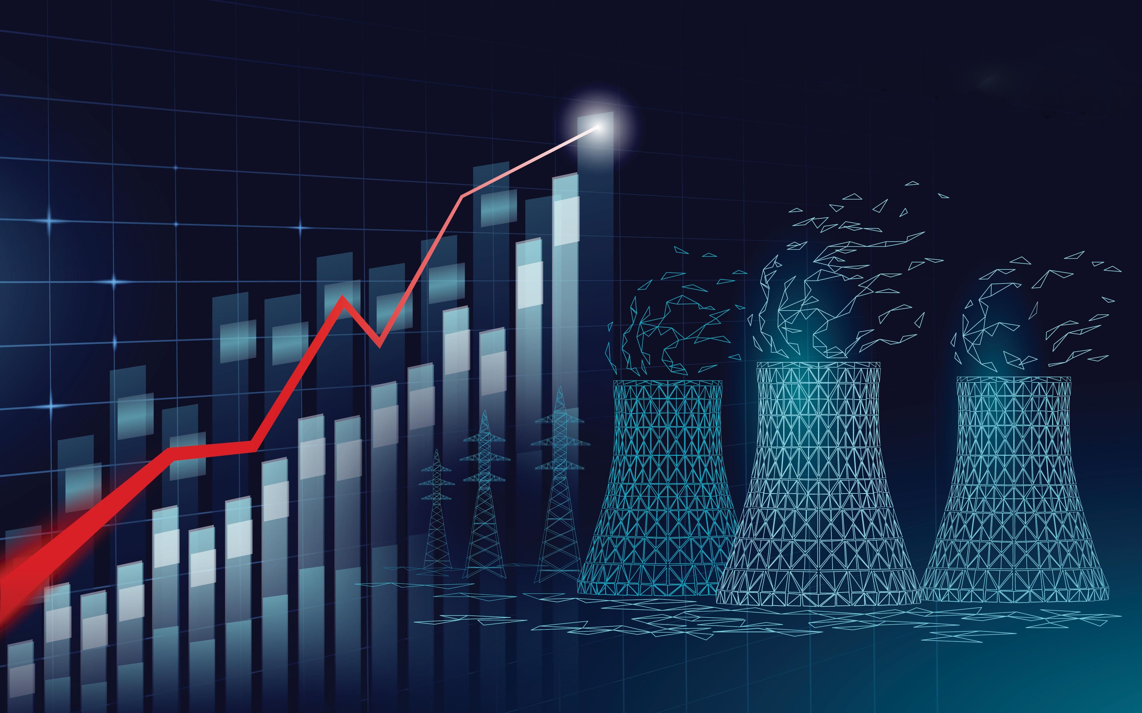 3d rendering of nuclear reactors as well as graph trending up