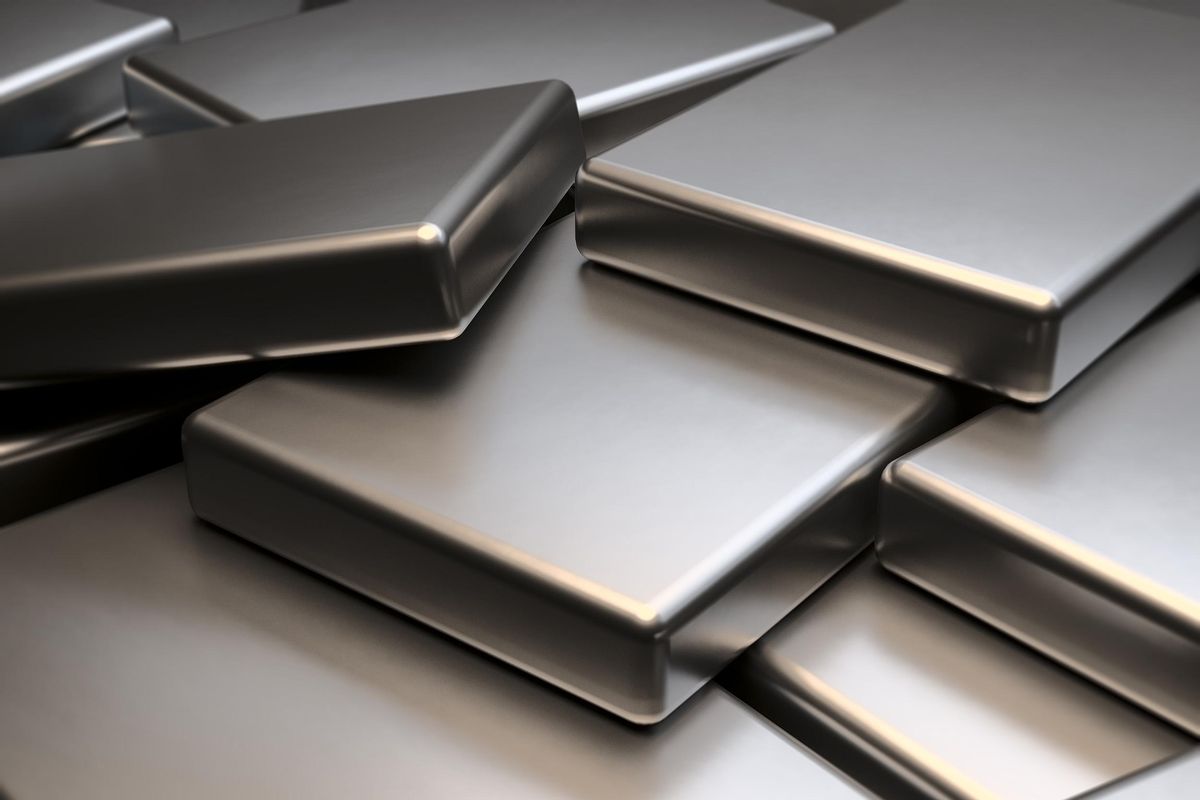 3D rendering of stacked metal plates of neodymium rare earth magnets.