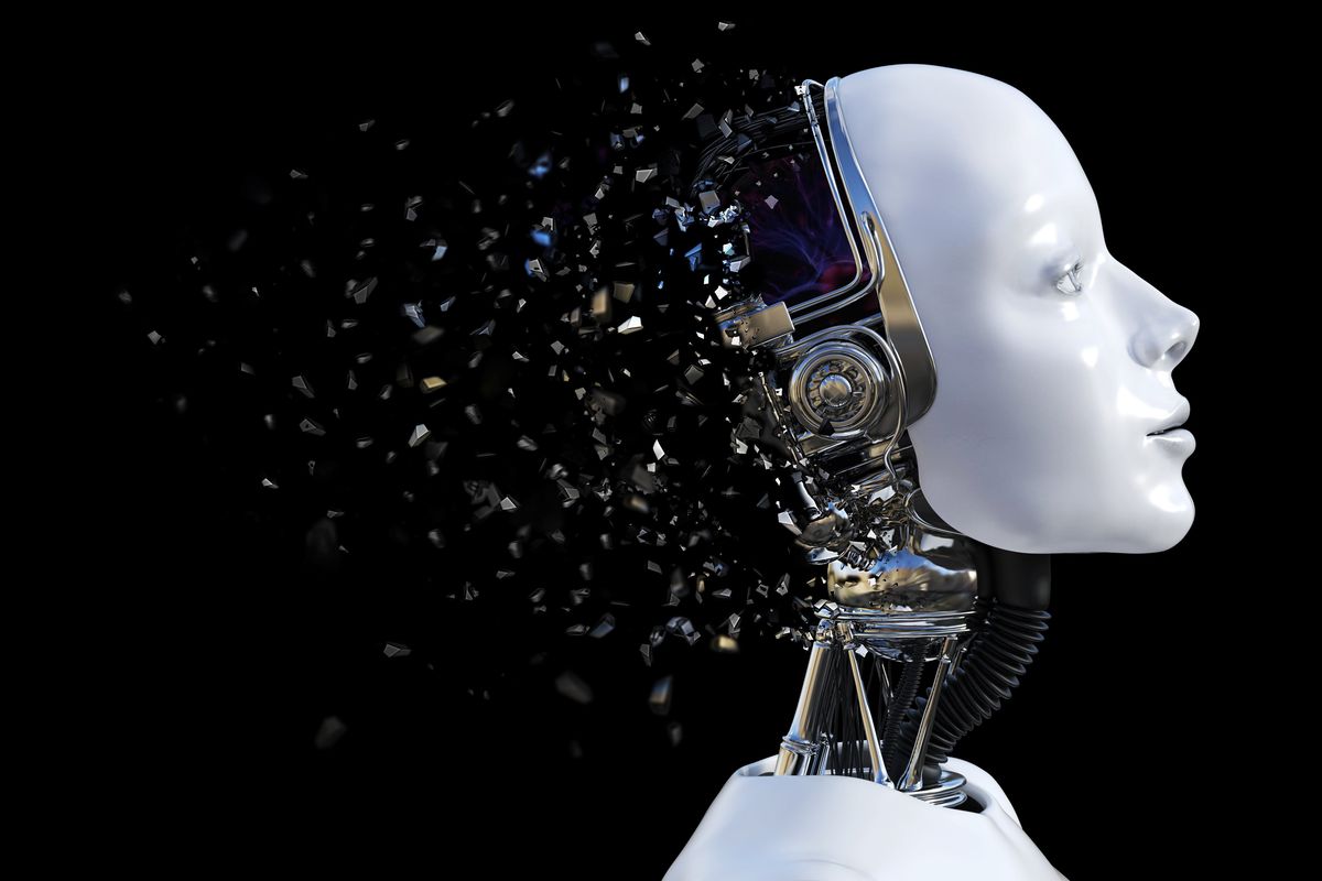 3D rendering of the head of a robot.