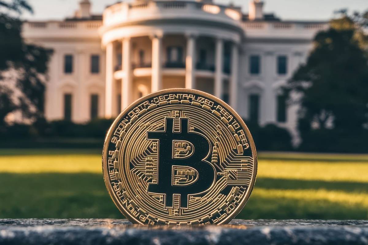 A Bitcoin in front of the White House.