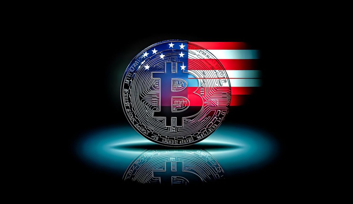 A Bitcoin in front of US flag.