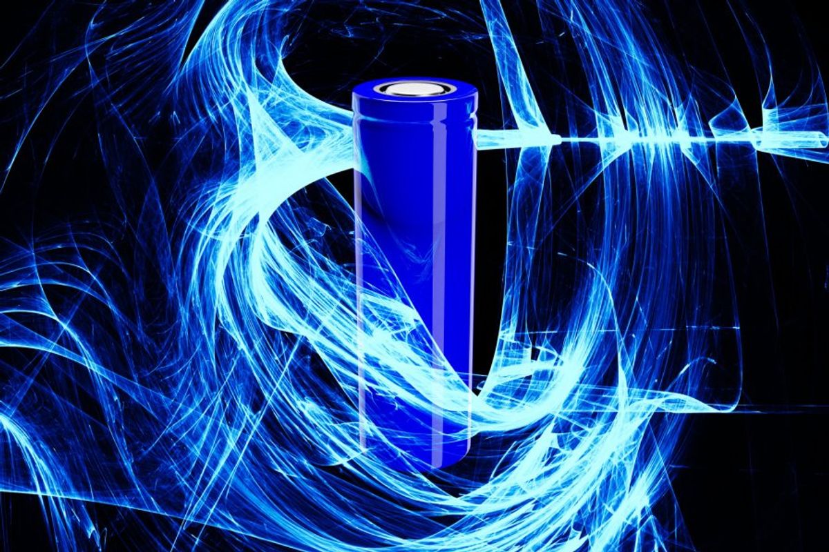 a blue battery surrounded by blue swirls