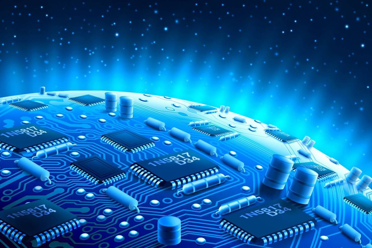 A blue circuit board with microchips glows against a starry night sky; text reads: 1N5817 D34.