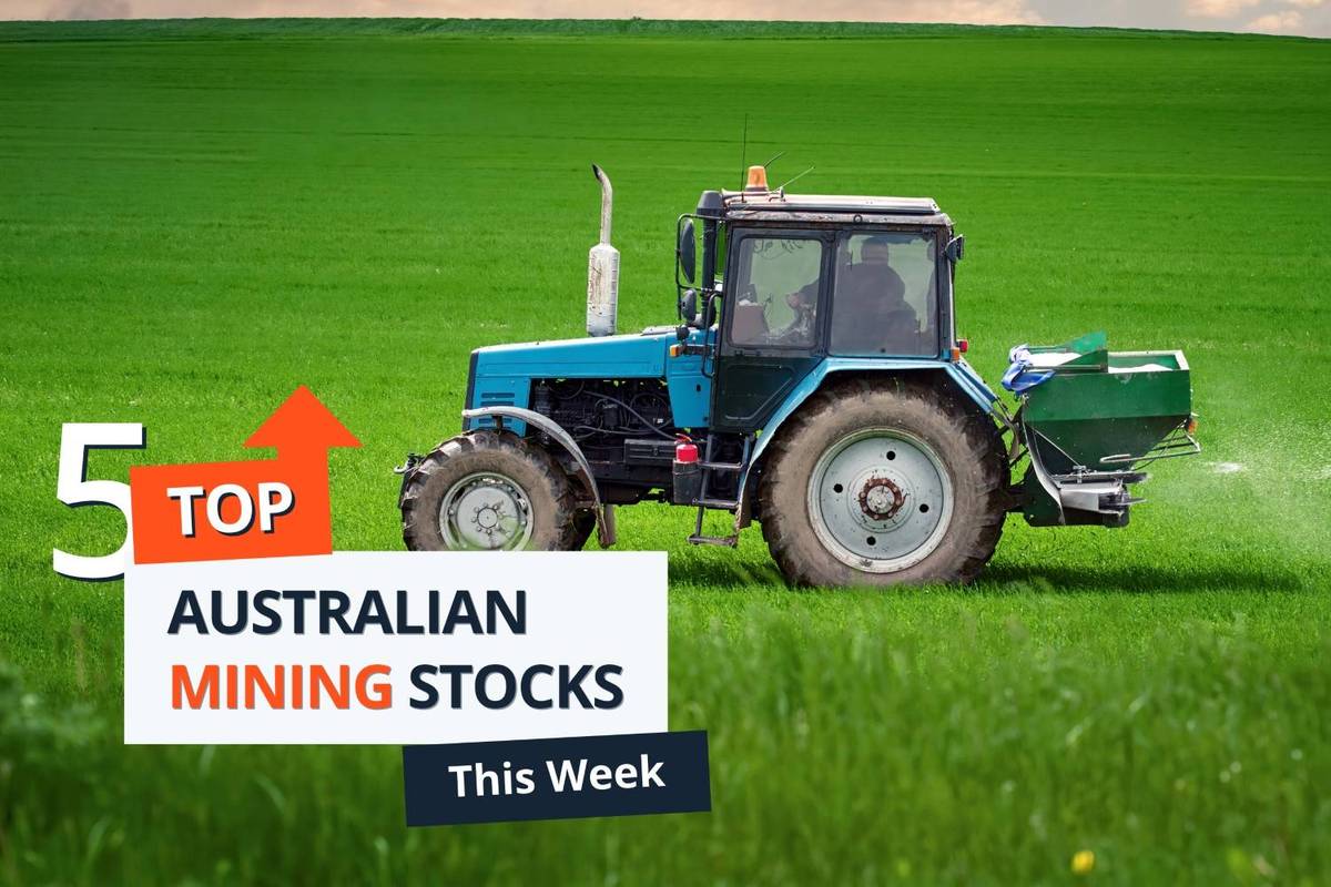 A blue tractor spreading potash fertilizer in a green field with text reading: 5 Top Australian Mining Stocks This Week.