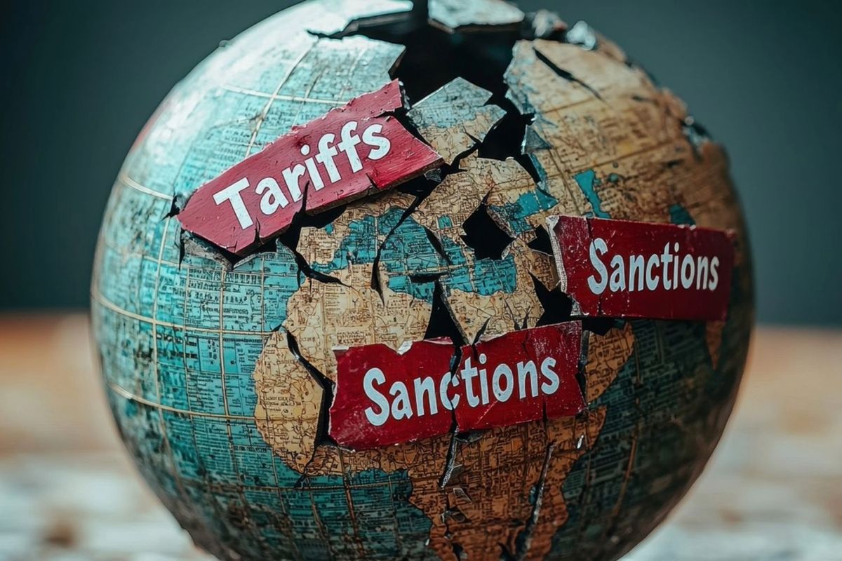 A broken globe with the words "tariffs" and "sanctions" on it.