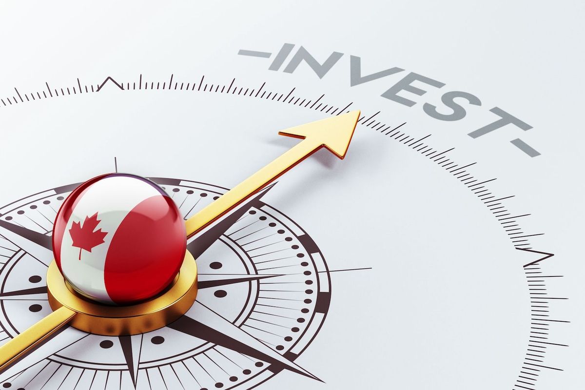 A Canada flag on a compass pointing towards the word "invest."