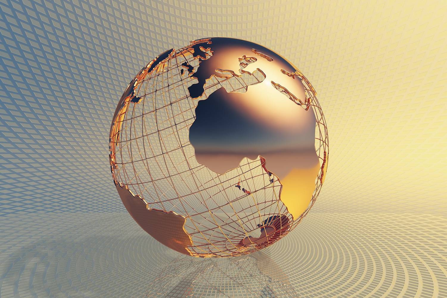 A copper-toned globe with a wireframe design sits on a reflective grid surface under a gradient gold sky.