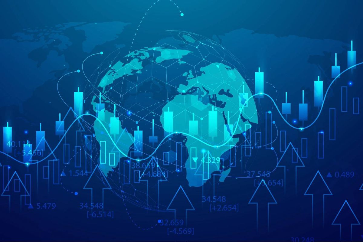 A digital globe with blue financial data graphs and arrows overlays a dark blue background.