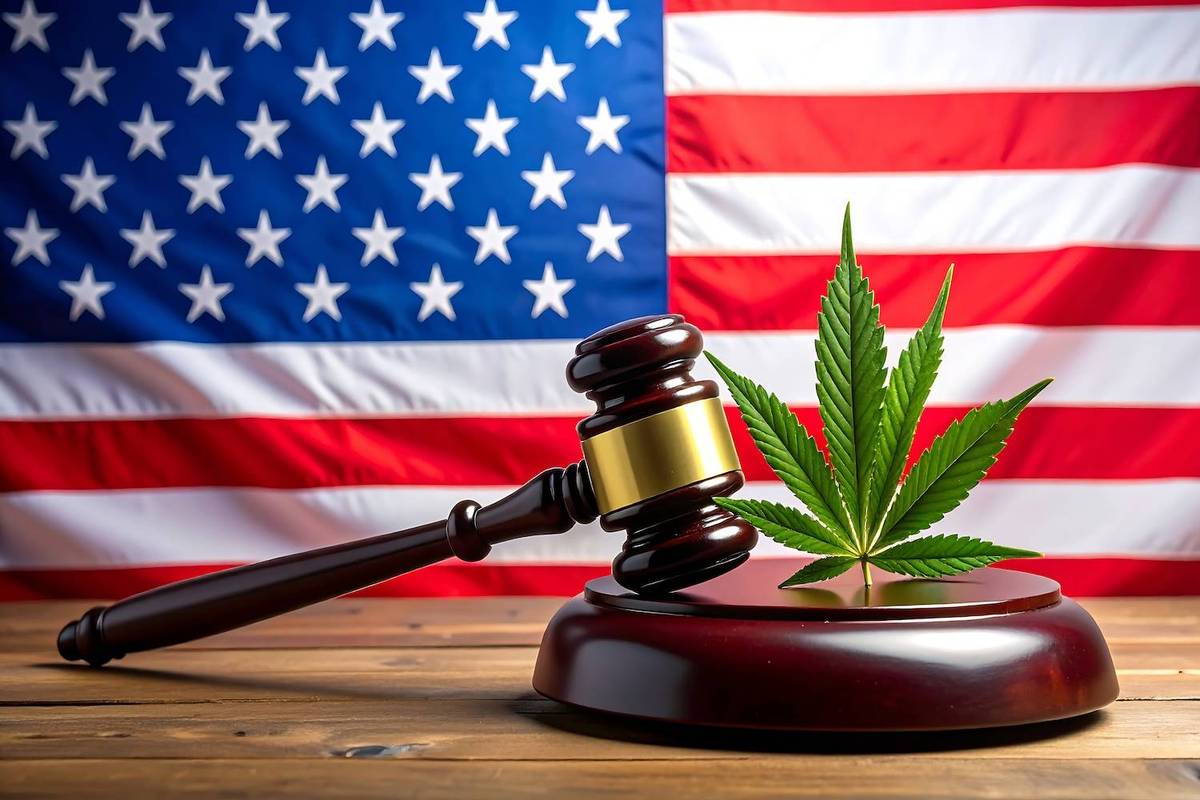 A gavel and cannabis leaf rest on a wooden surface in front of a US flag.