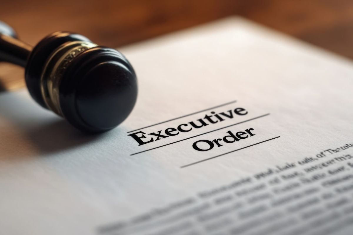 A gavel and document with "executive order" written on it.