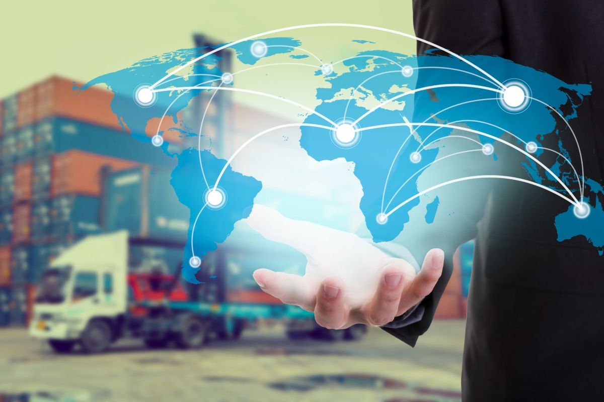 A globe with connected points and shipping containers.