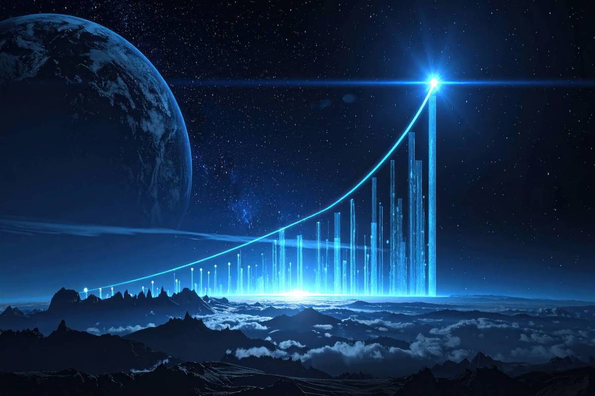 A glowing blue graph with rising bars over a mountainous landscape under a starry sky and distant planet.