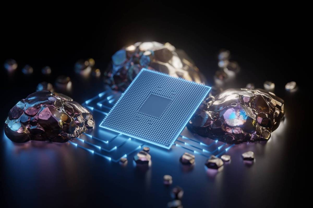 A glowing blue microchip is surrounded by metallic rocks on a dark surface.