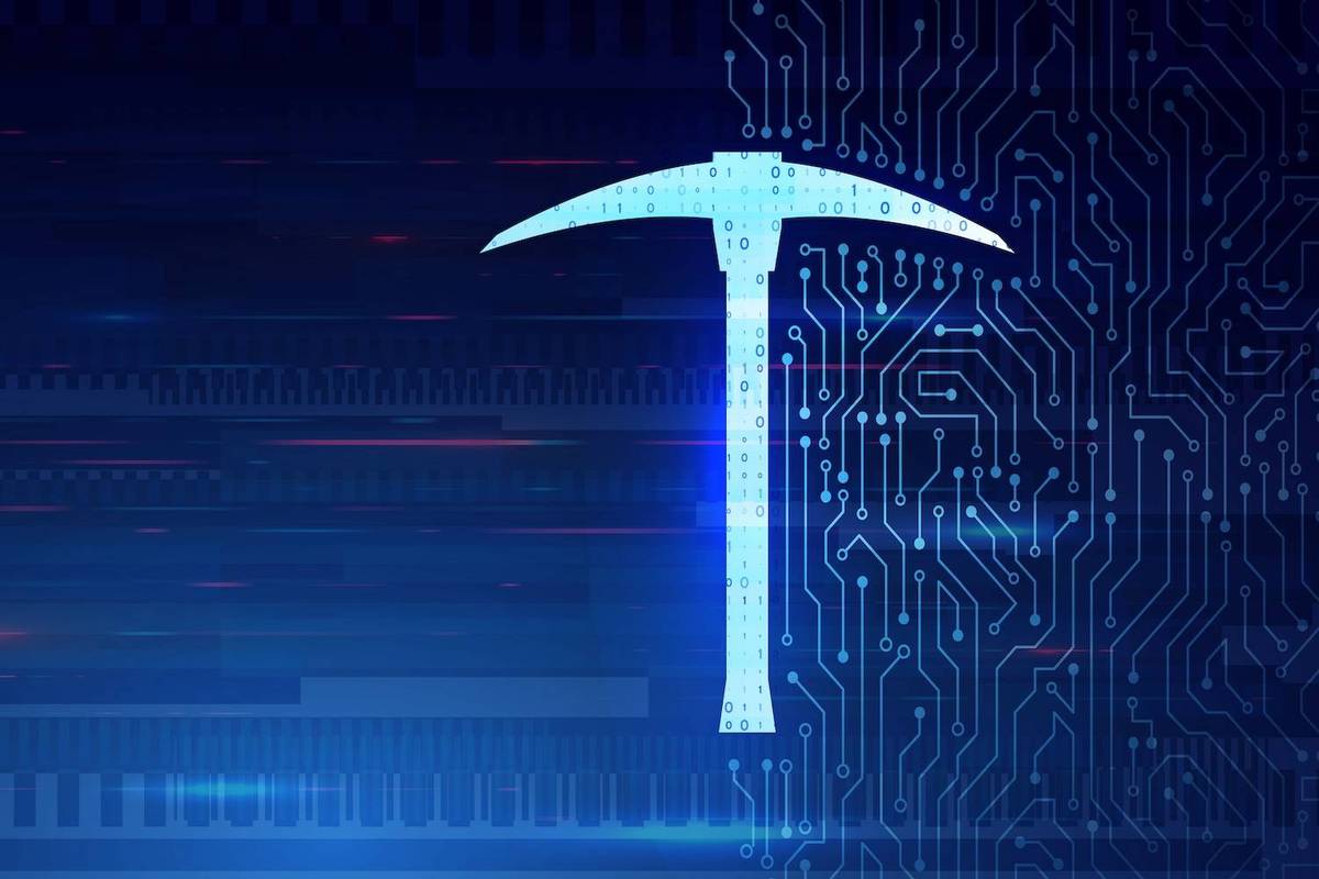 A glowing blue pickaxe with binary code overlays a dark blue circuit board-patterned background.