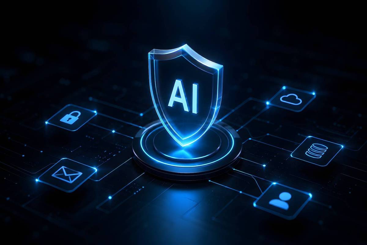 A glowing blue shield with "AI" over digital icons like a lock, email, and cloud on a dark background.
