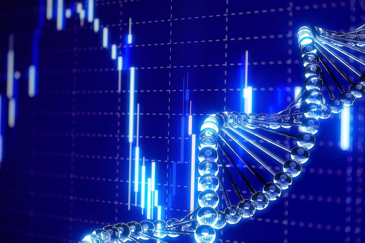 A glowing DNA strand is set against a blue background with digital graphs and glowing bars.