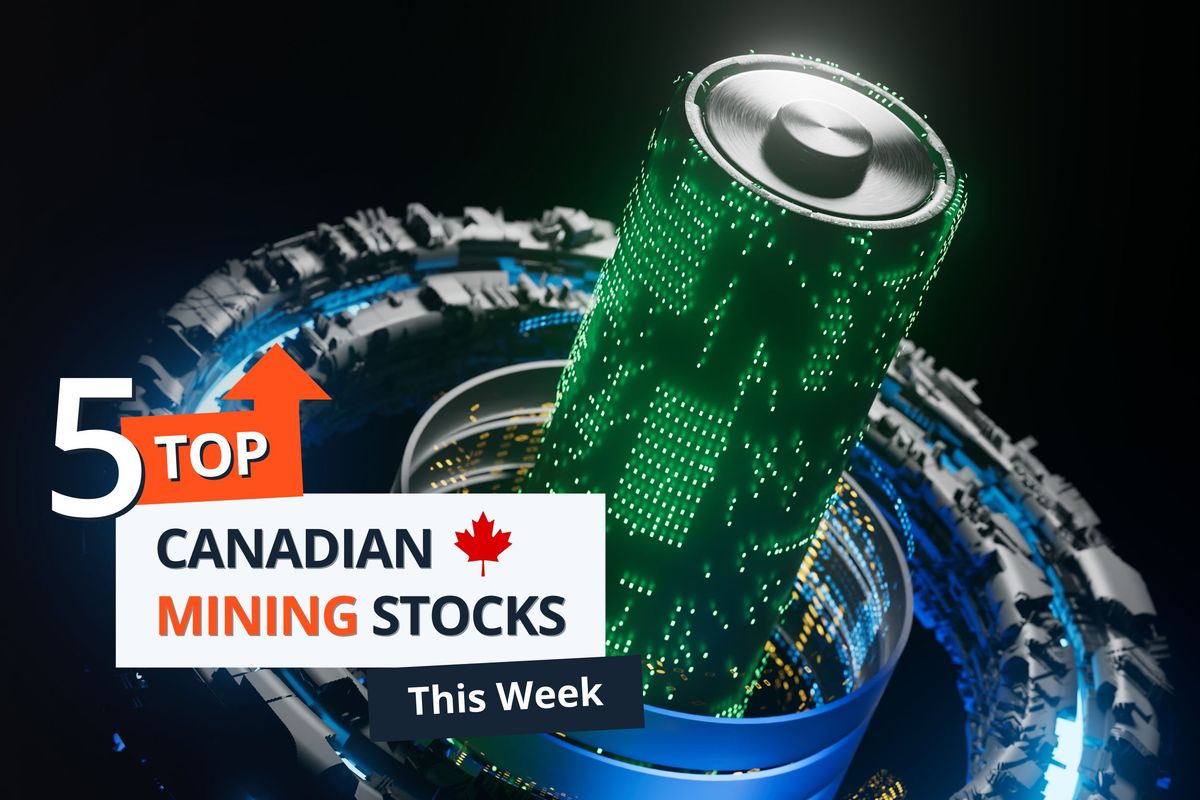 A glowing green digital battery with text overlay reading '5 Top Canadian Mining Stocks This Week.'