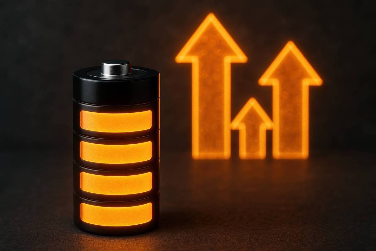 A glowing orange battery stands in front of three upward-pointing orange arrows against a dark background.