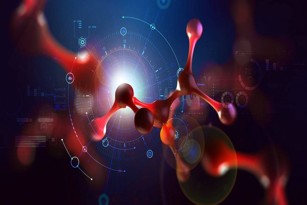 A glowing red molecular structure is overlaid on a digital blue and black background with circular data elements.
