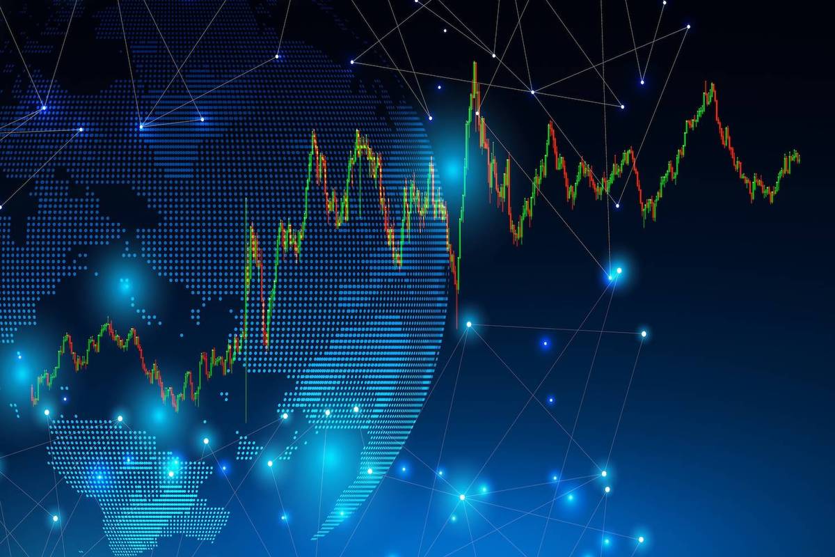A glowing stock market graph overlays a digital globe with connecting lines and dots on a dark blue background.
