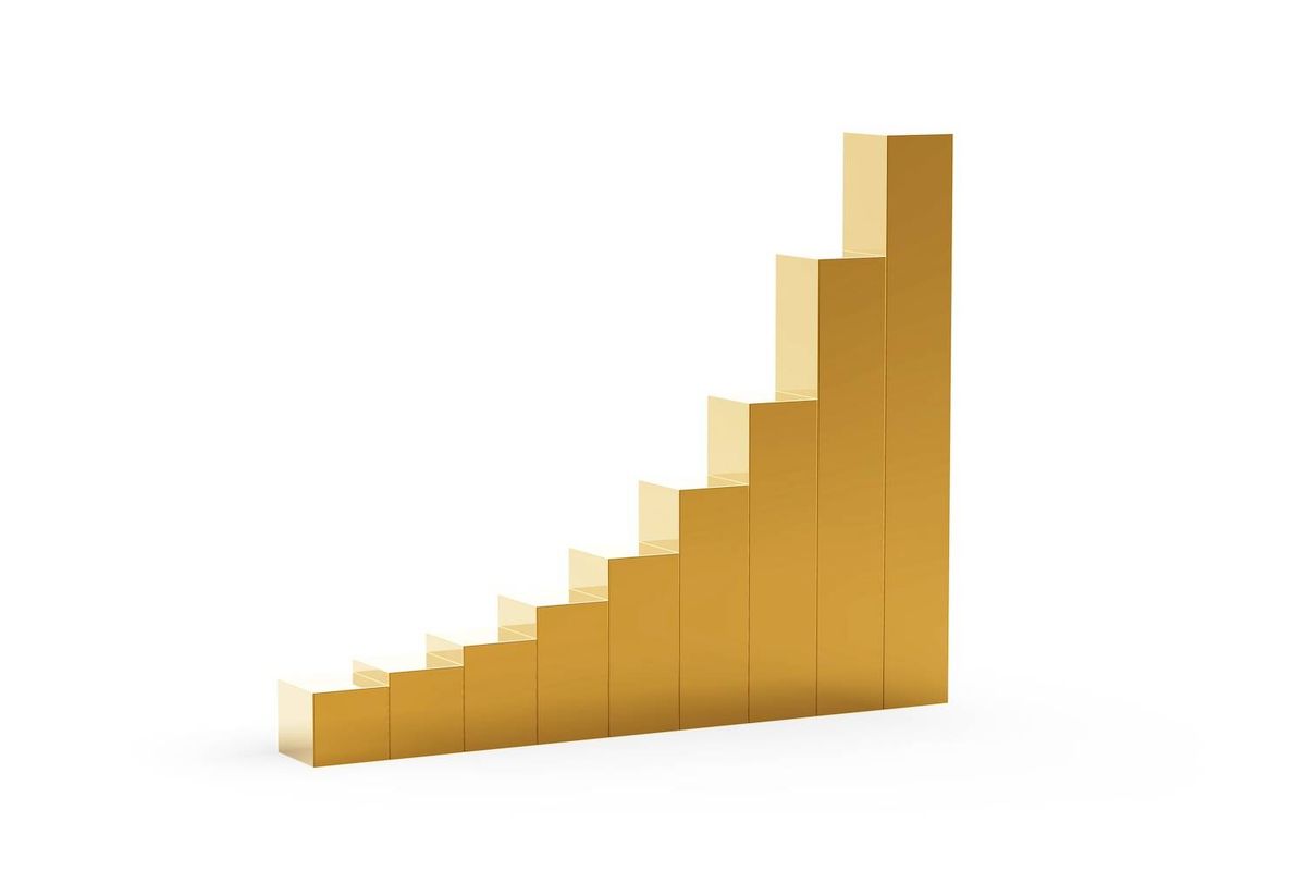 A gold bar chart with increasing vertical columns on a white background.