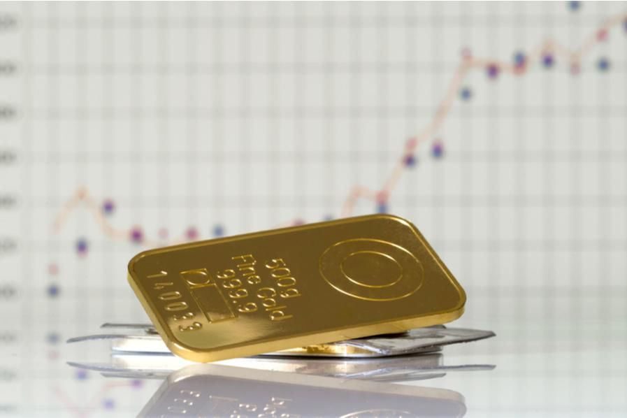 a gold bar in front of a market chart