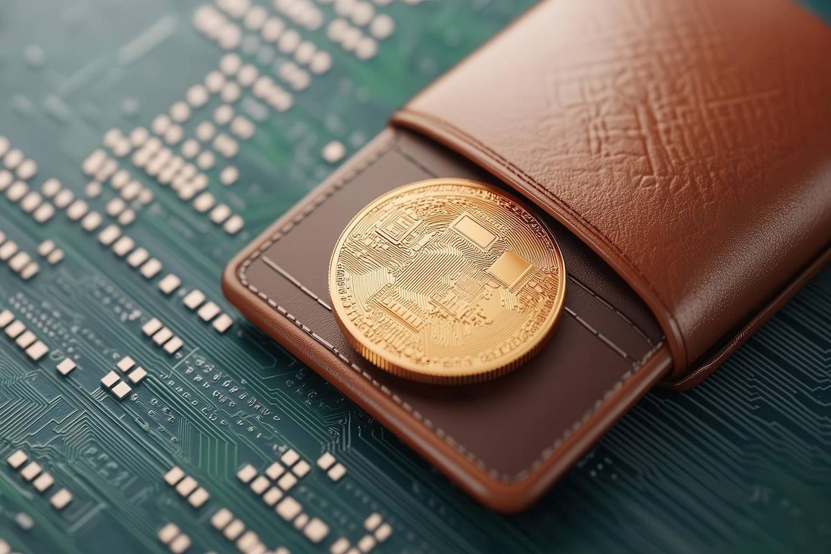 A gold cryptocurrency coin partially out of a brown leather wallet on a green circuit board background.