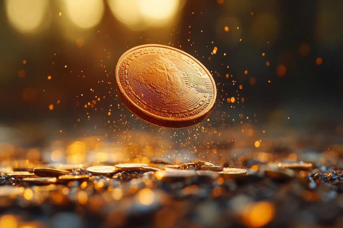 A golden coin in mid-air, surrounded by a warm glow and scattered coins below.