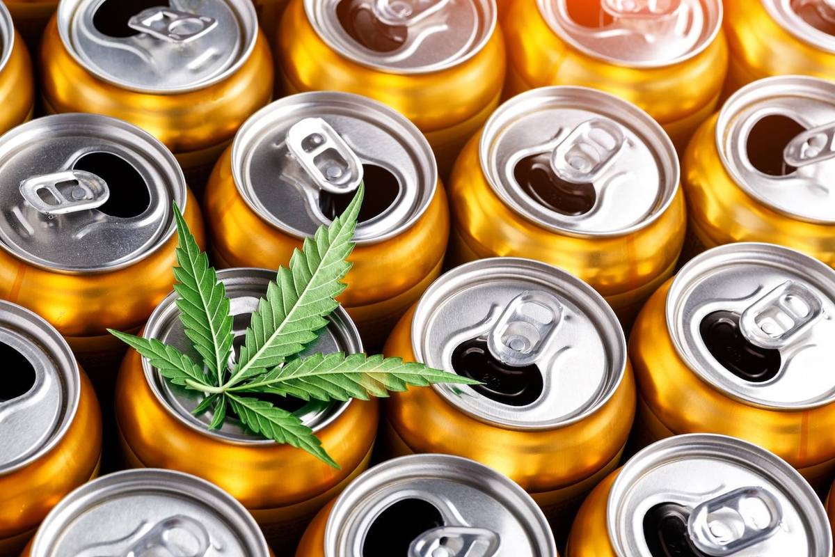 A green cannabis leaf rests on top of multiple golden soda cans with silver tops.