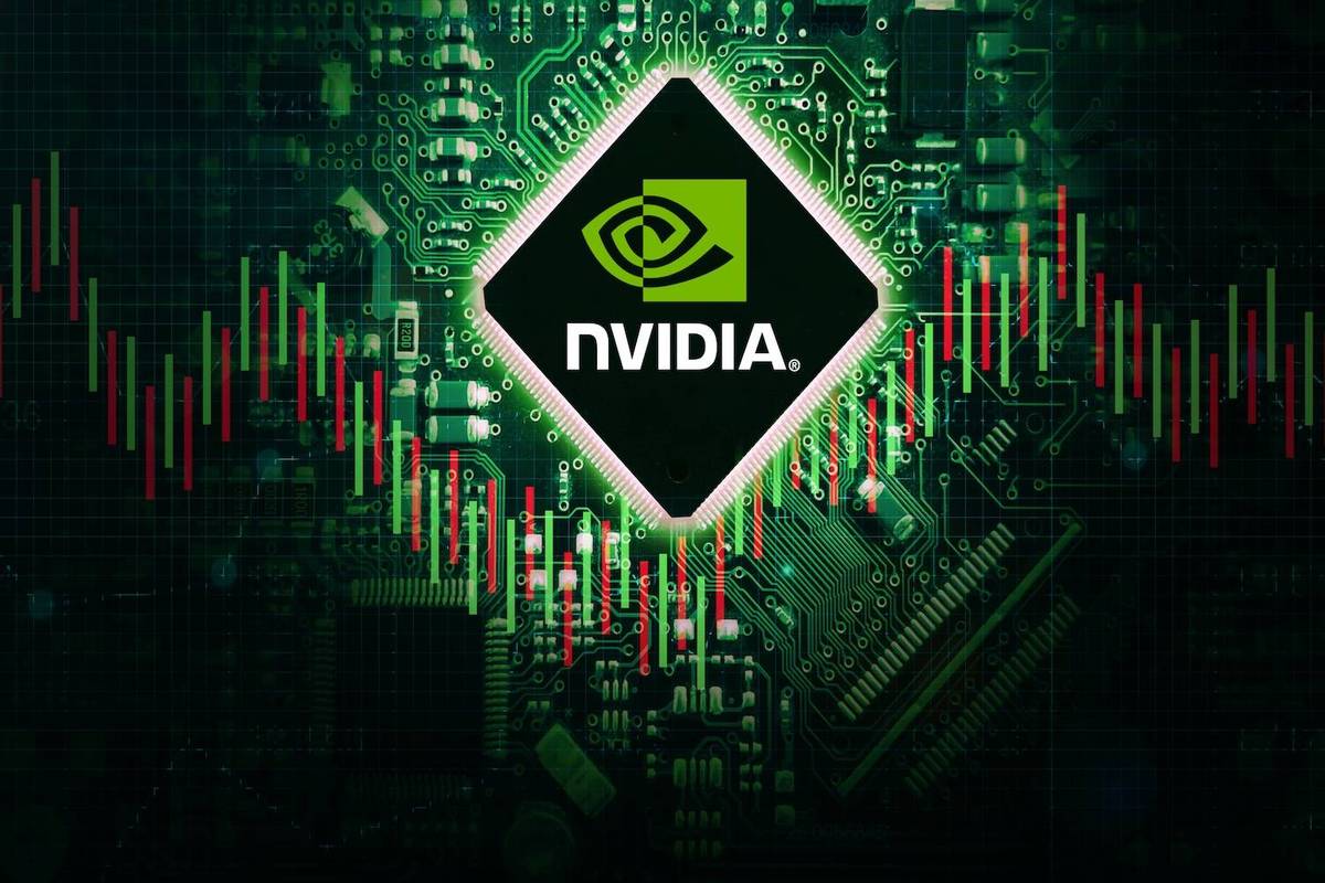 A green circuit board background with candlestick chart overlaid and NVIDIA logo, text reads: NVIDIA.