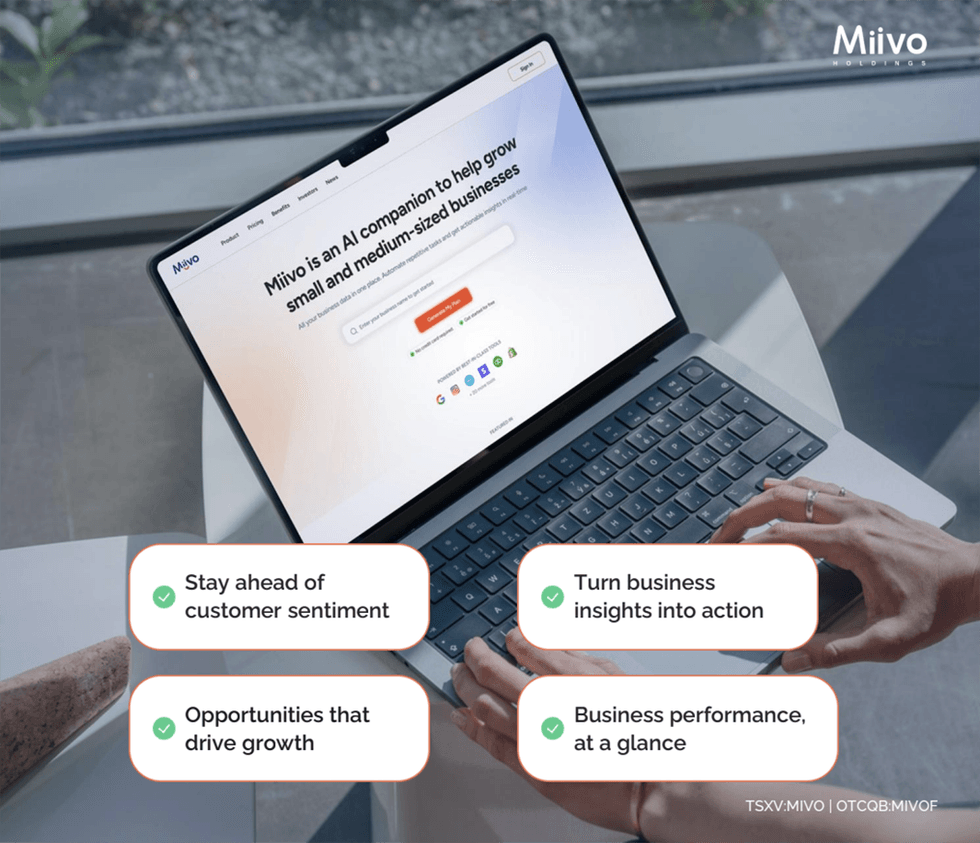 A laptop displaying Miivo website on a table, surrounded by text bubbles with business insights