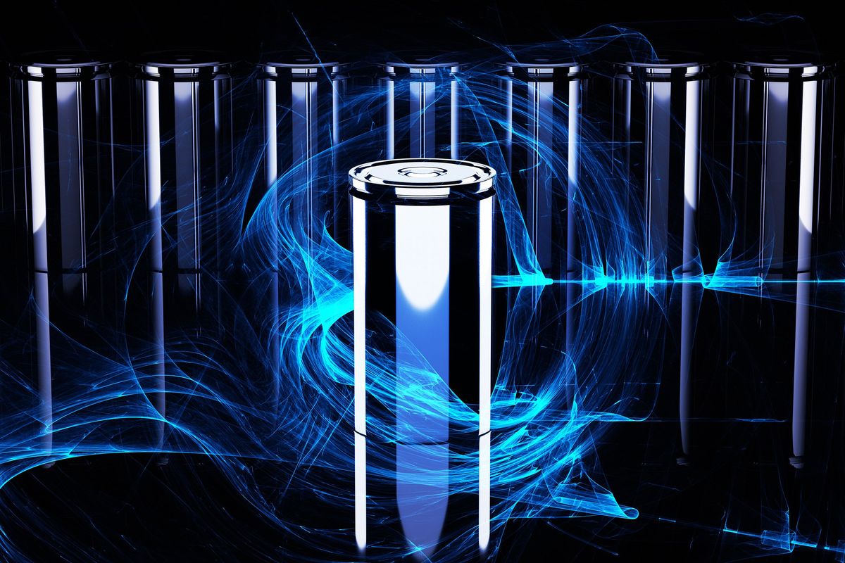 A lithium-ion battery in the foreground with a line of batteries in the background, all surrounded by blue swirls.