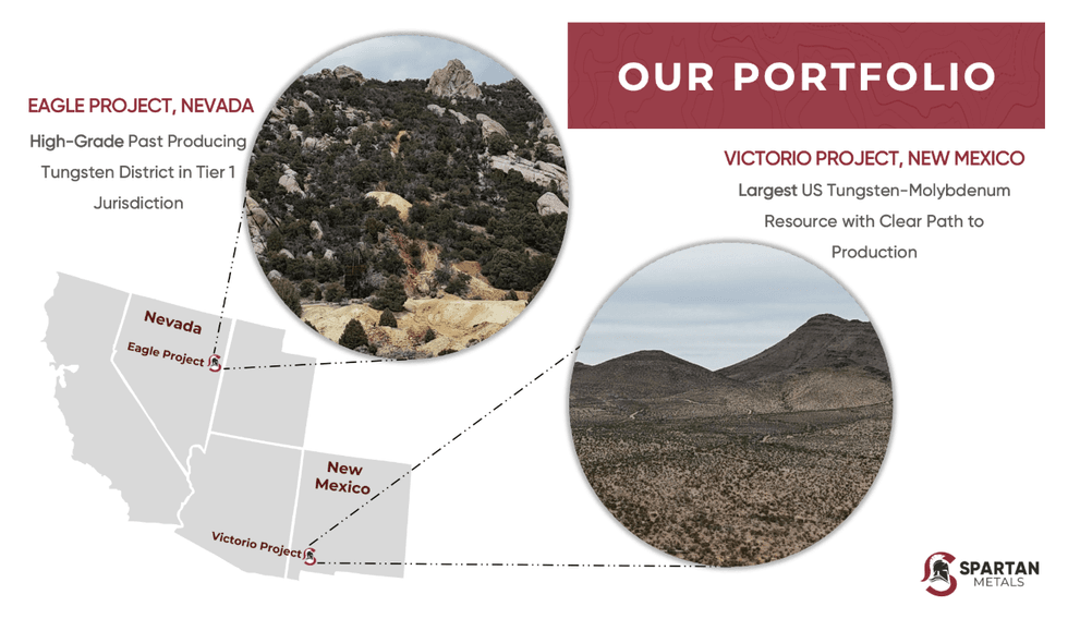 A map highlights Nevada and New Mexico alongside Spartan Metals\u2019 projects; text reads: \u201cOUR PORTFOLIO\u201d and project details.