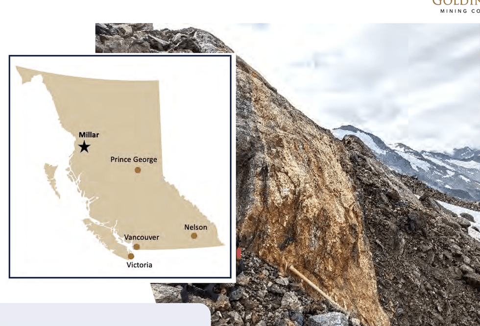 A map of British Columbia over a rocky mountain scene with text: GoldInxs' Millar, Prince George, Vancouver, Nelson, Victoria.