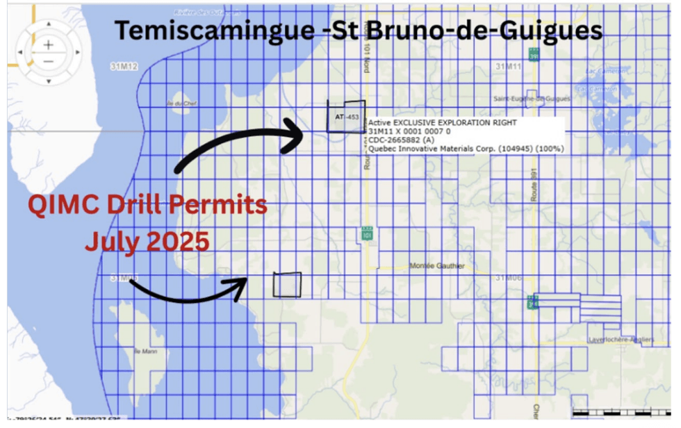 A map with gridlines shows Temiscamingue-St Bruno-de-Guigues; text reads: QIMC Drill Permits July 2025.