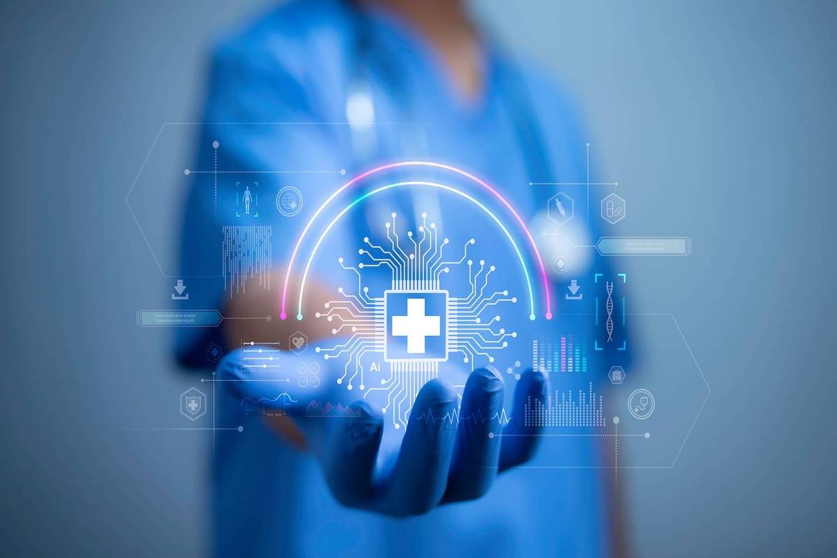 A medical professional's hand under a digital interface with a glowing cross and circuit design, text reads: Ai.