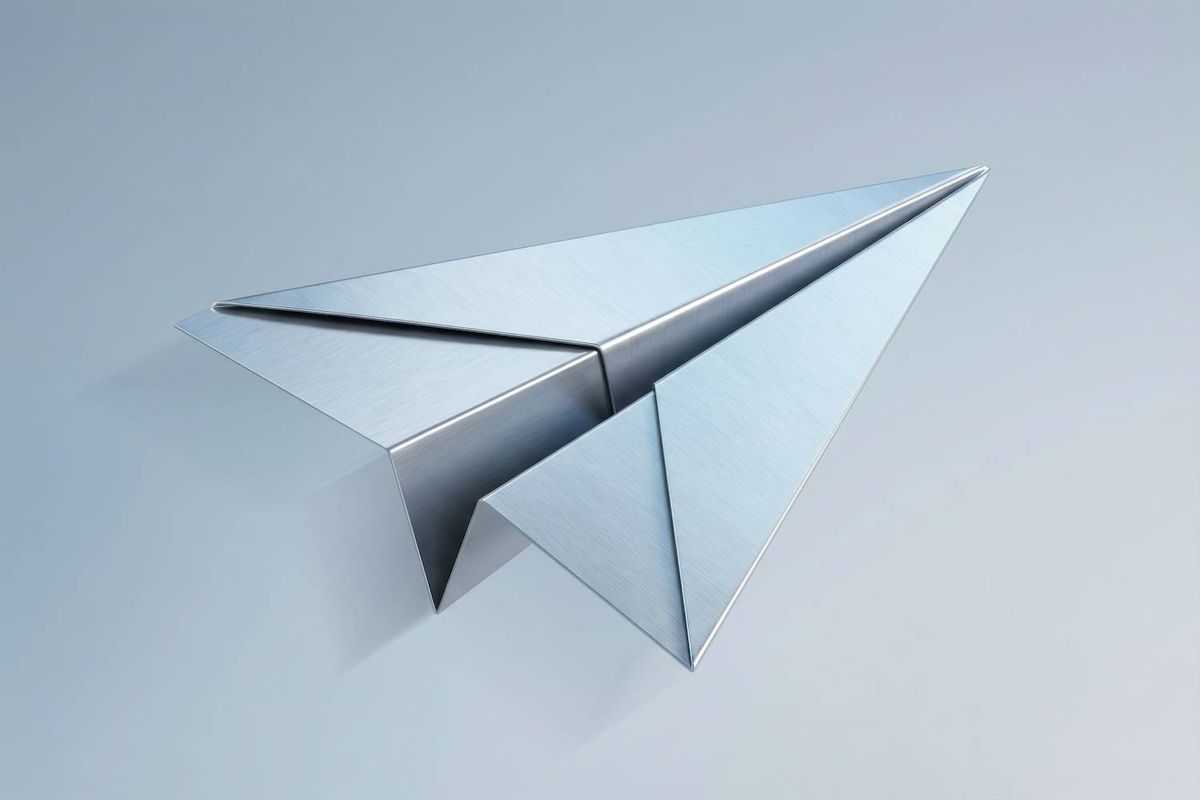A metallic paper airplane rests on a smooth light gray surface.