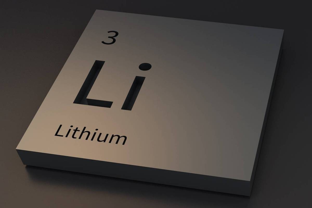 A metallic plaque with the element Lithium, Text reads: 3 Li Lithium, on a dark background.