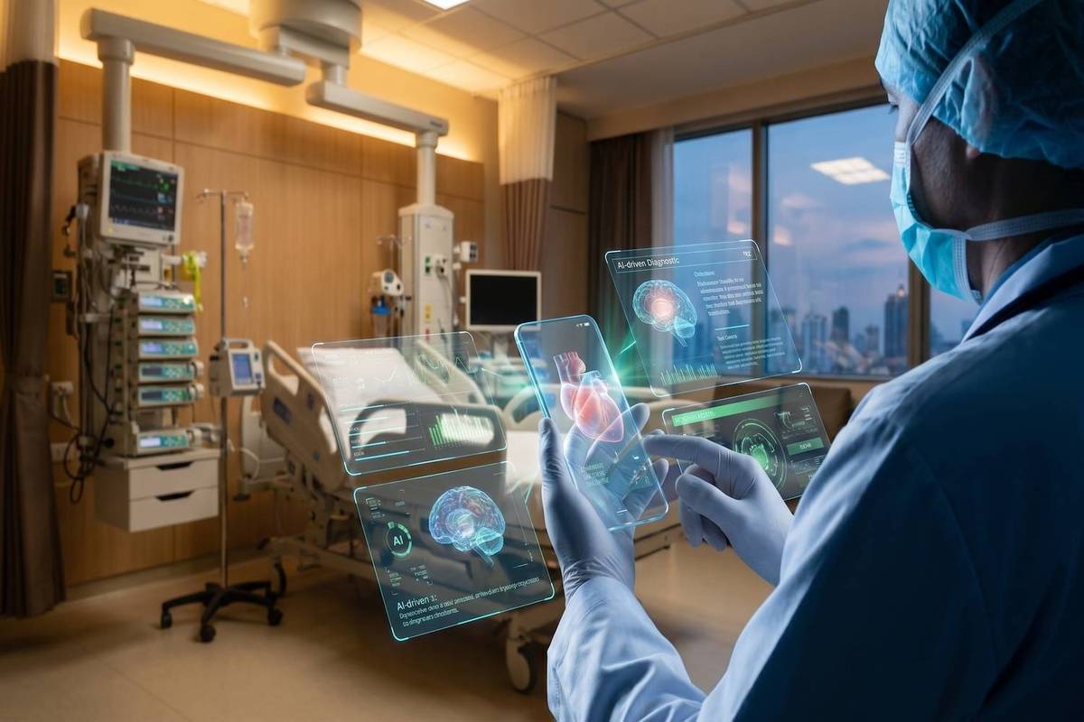 A person in scrubs interacts with virtual screens showing medical data in a hospital room with medical equipment.