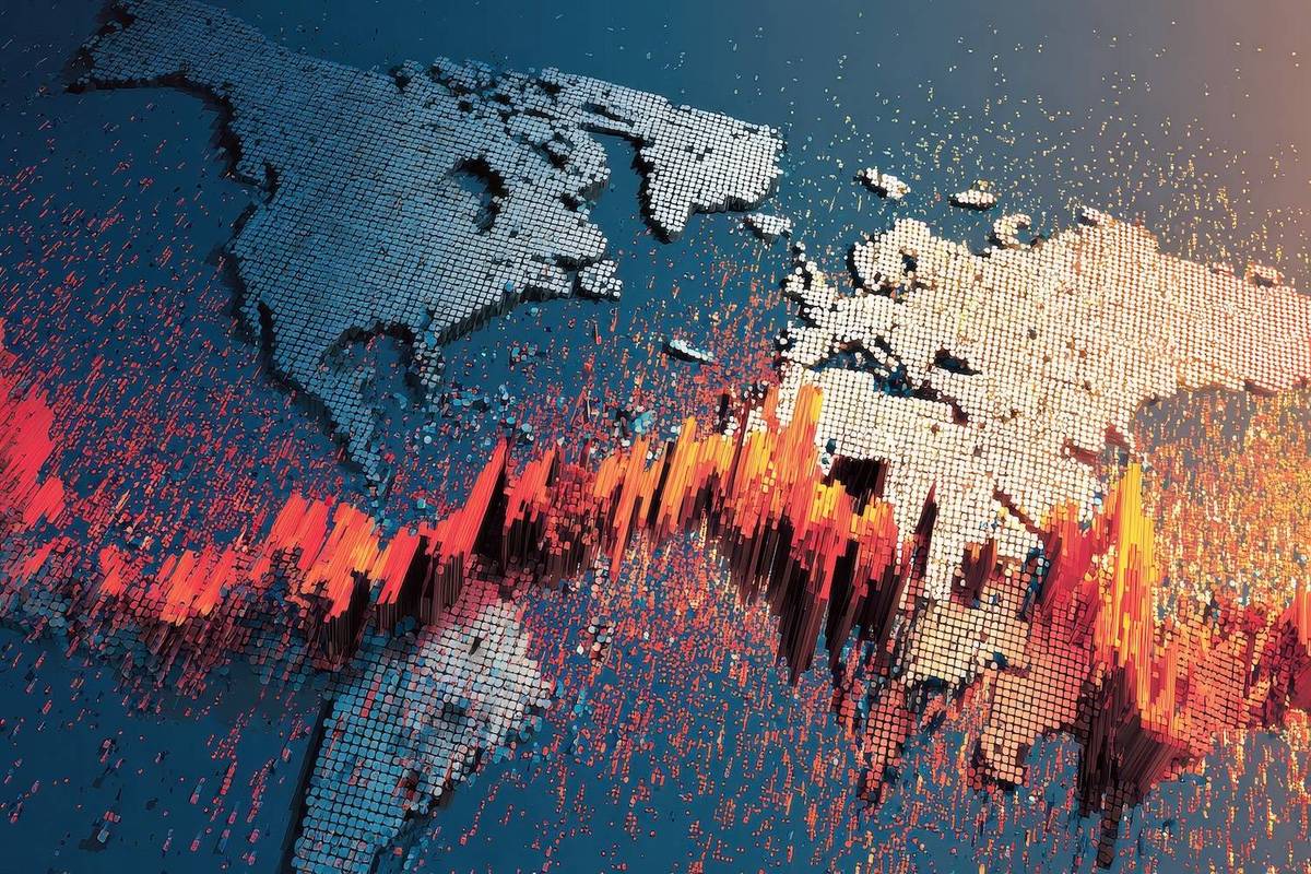 A pixelated world map with a jagged red and orange wave pattern overlaying it on a blue background.