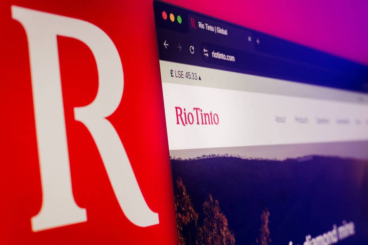 A red and white "R" is on a screen next to a browser showing "Rio Tinto" and website details.
