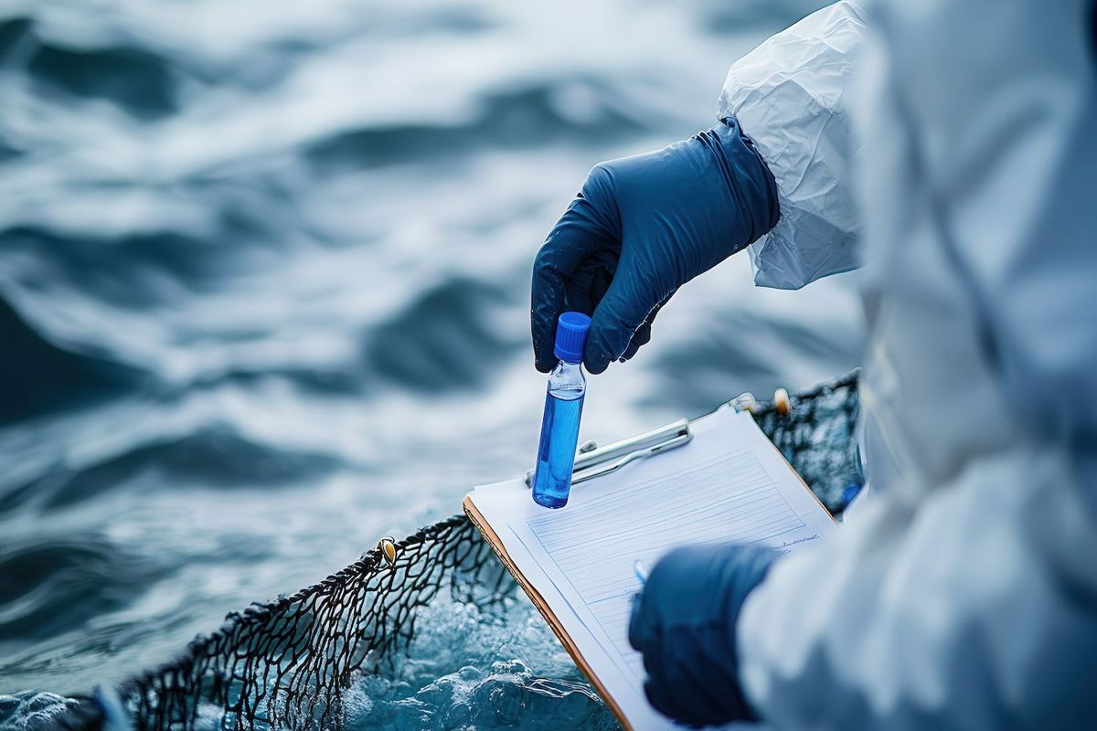 A researcher collects water samples.