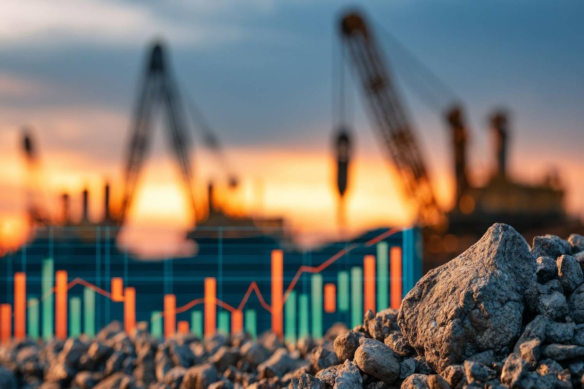 A rock pile in foreground with bar and line graph overlaying sunset construction cranes.
