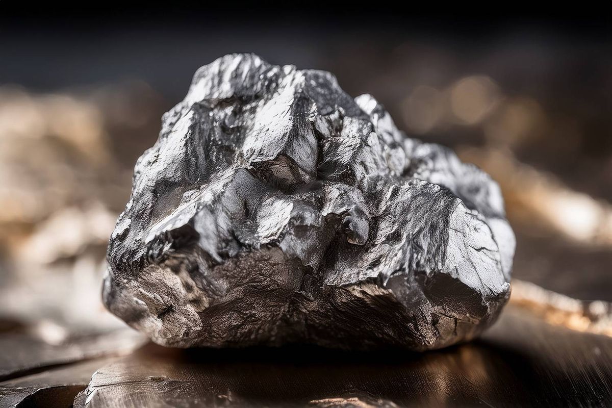 A rough metallic rock with a shiny silver surface sits on a blurred brown background.